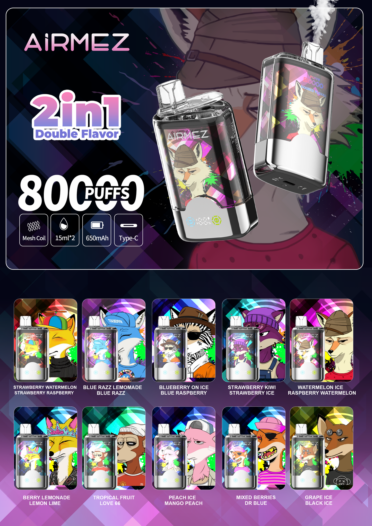 Kit monouso AiRMEZ Fox 80K 80000 Puffs 30ml (Dual Flavor)