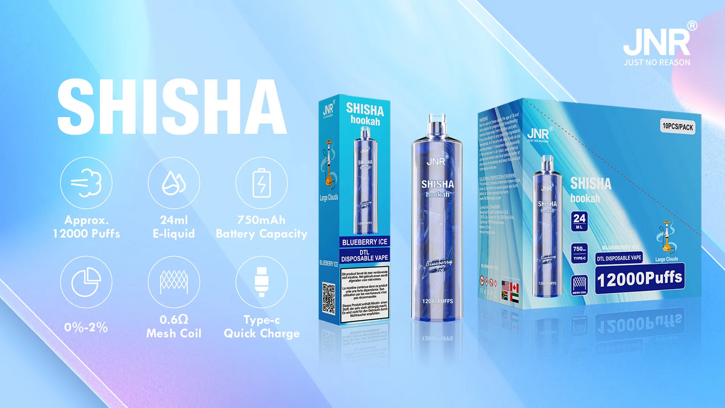 JNR Shisha Hookah 12000 Puffs DTL Vape monouso ricaricabile