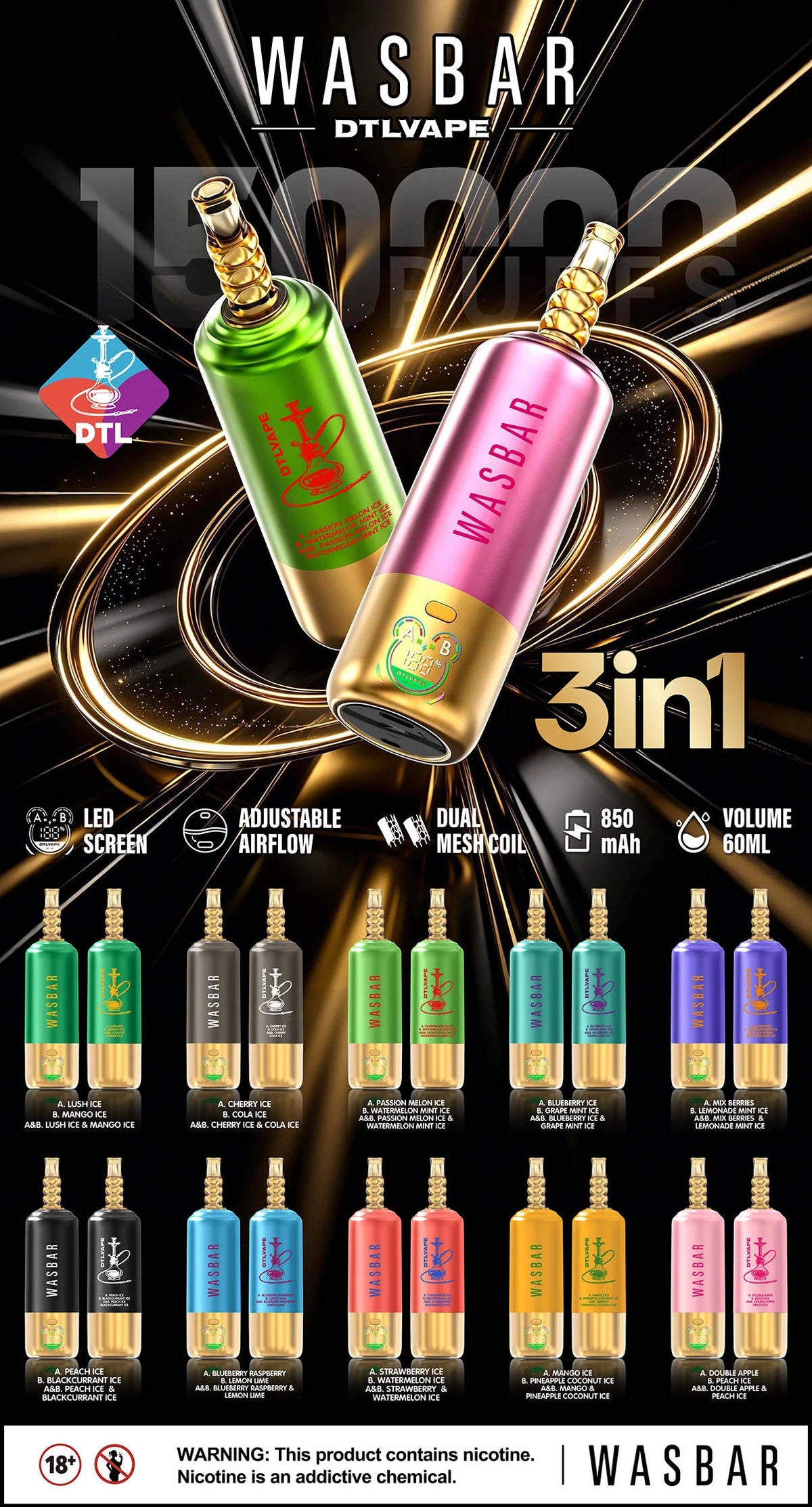Kit monouso Wasbar 150K Puffs 3-in-1 DTL Shisha Hookah