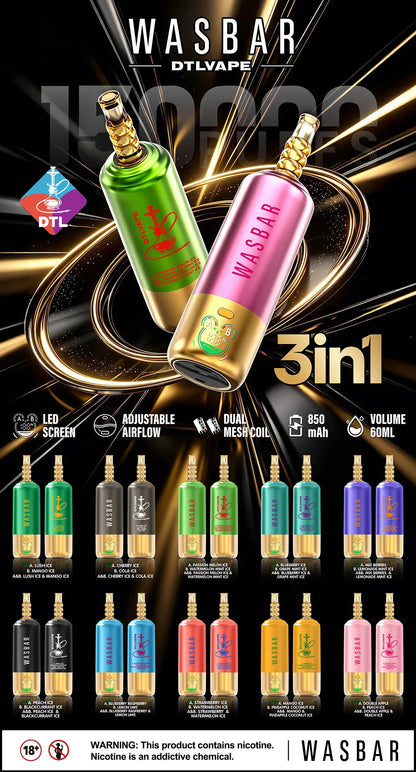 Kit monouso Wasbar 150K Puffs 3-in-1 DTL Shisha Hookah